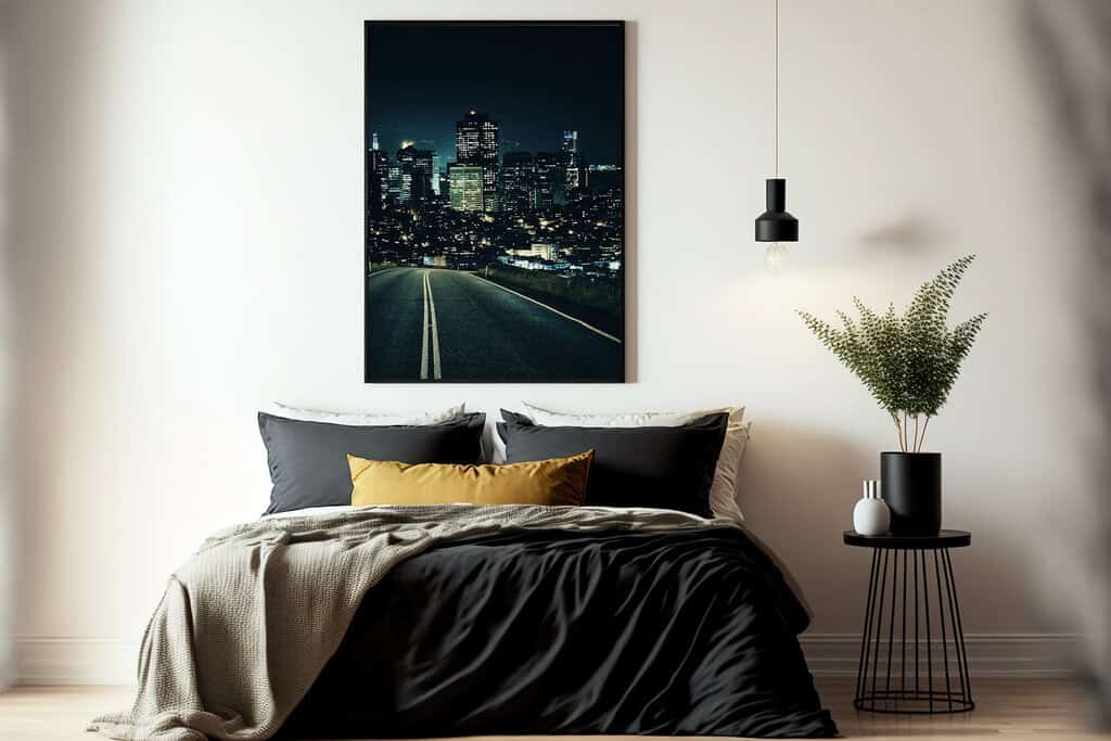 Poster mit Stadtlandschaft bei Nacht im Schlafzimmer