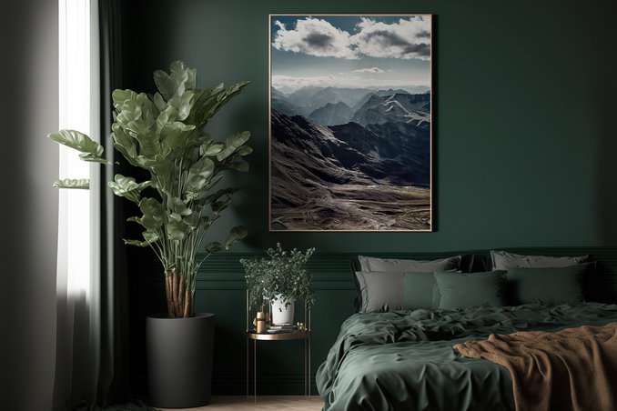 Poster mit stimmungsvollen Bergen im grünen Schlafzimmer