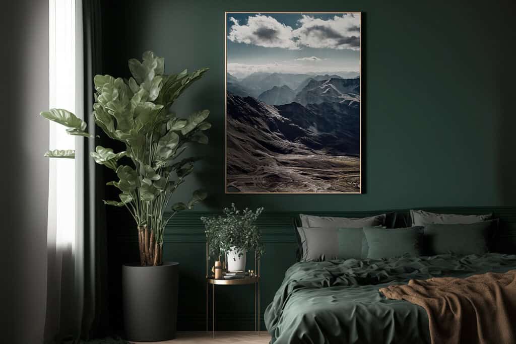 Poster mit Landschaft – Top 5! Poster mit stimmungsvollen Bergen im grünen Schlafzimmer